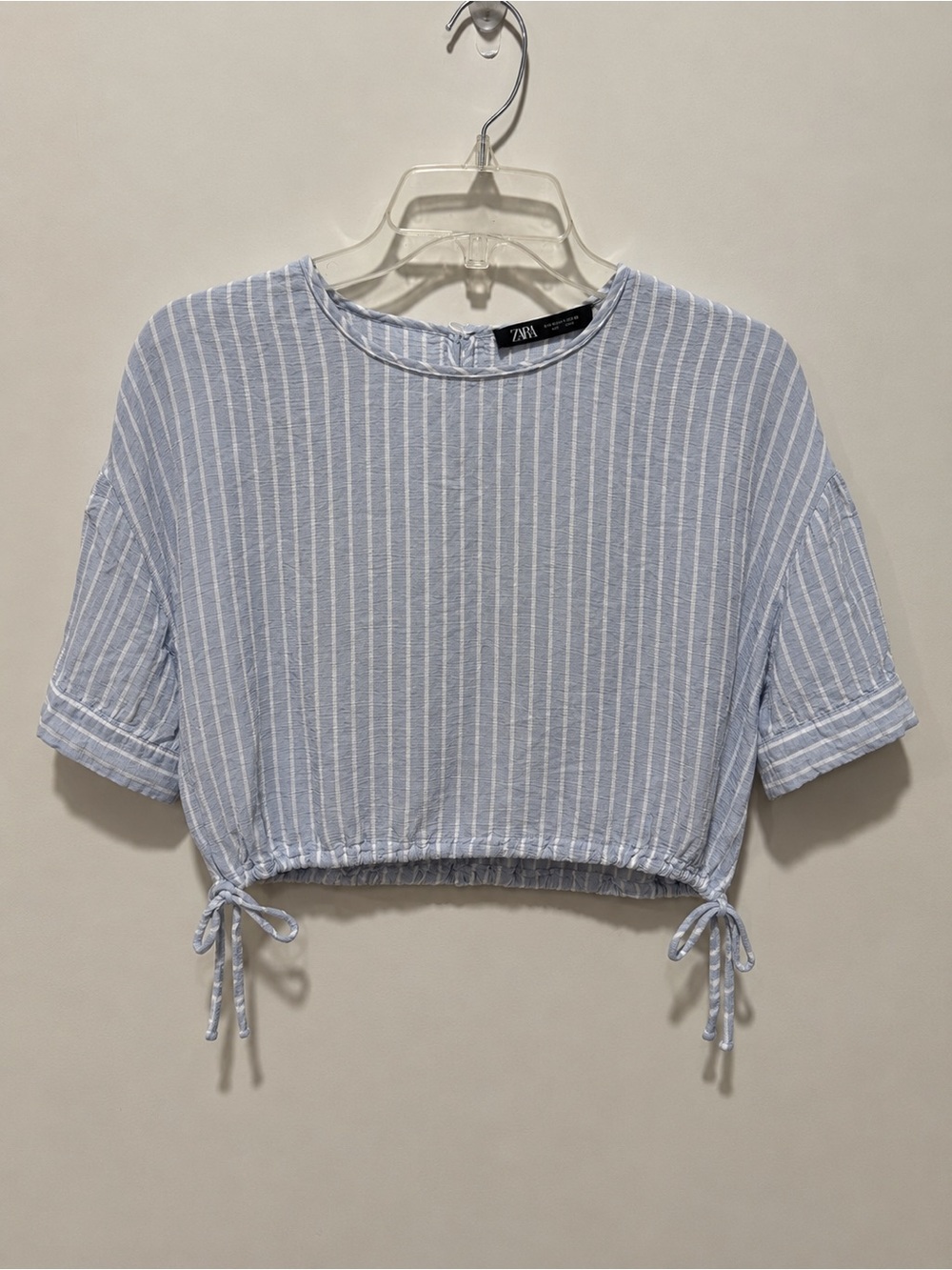 Zara Light Blue & White Striped Cropped Drawstring Tee